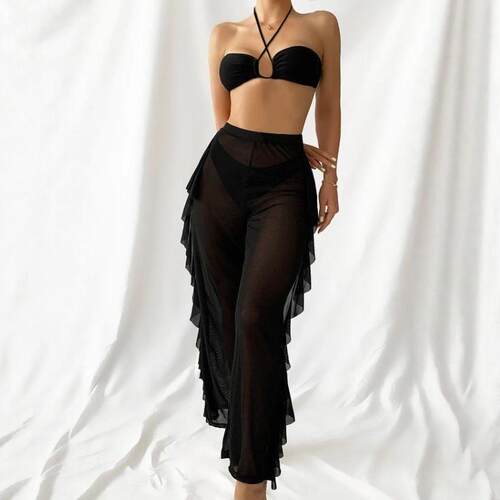 Womens 3Pcs Criss Cross Cut Out Halter Tie Back Bikini Top &