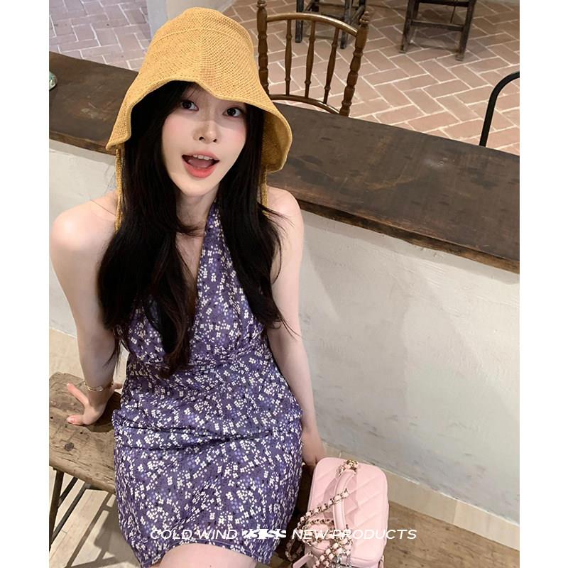 紫色碎花挂颈洋装女夏 法式覆古吊带露背短款深V领海边度假短裙