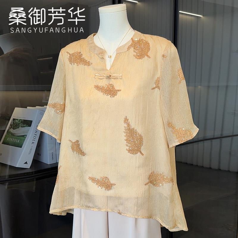国风中年妈妈夏装短袖T恤套装雪纺小衫中老年女装洋气绣花上衣服