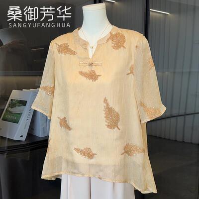 国风中年妈妈夏装短袖T恤套装雪纺小衫中老年女装洋气绣花上衣服