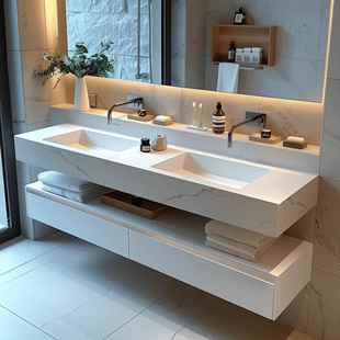 浴室定制双盆酒店风格浴室柜板岩热弯无缝陶瓷集成面盆组合面盆