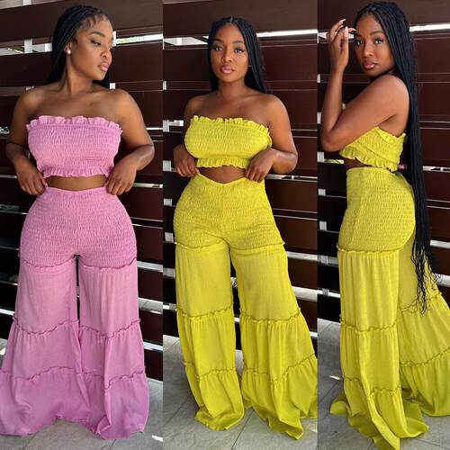 Women's Frill Trim Shirred Fit Flare Leg Pants Set Boho