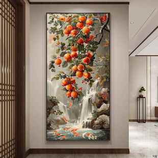 新中式多子多福石榴玄关装饰画流水生财走廊挂画九鱼图入户壁画灯