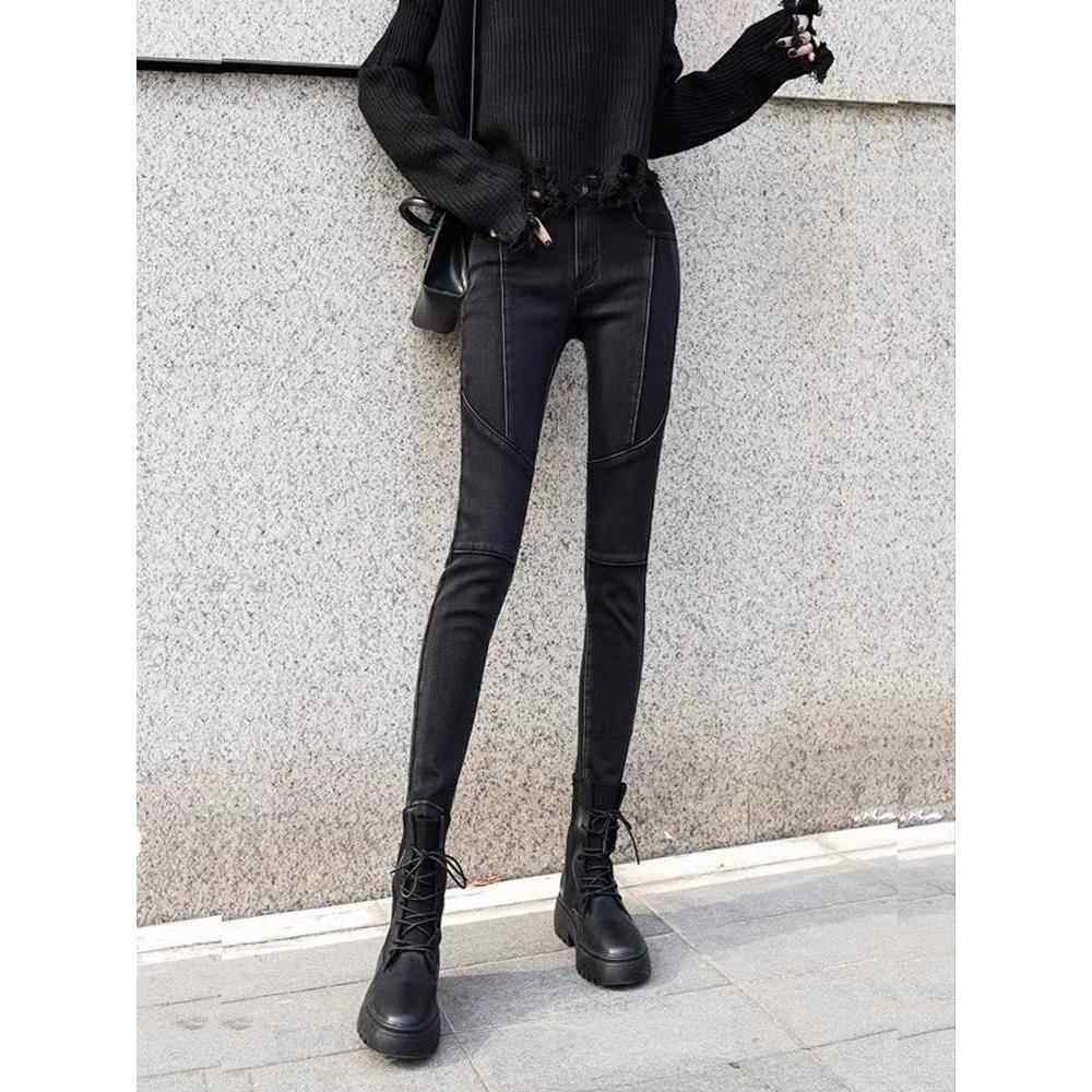 高腰牛仔裤女2025年新款秋冬季拼接显瘦修身铅笔紧身小脚裤子加绒