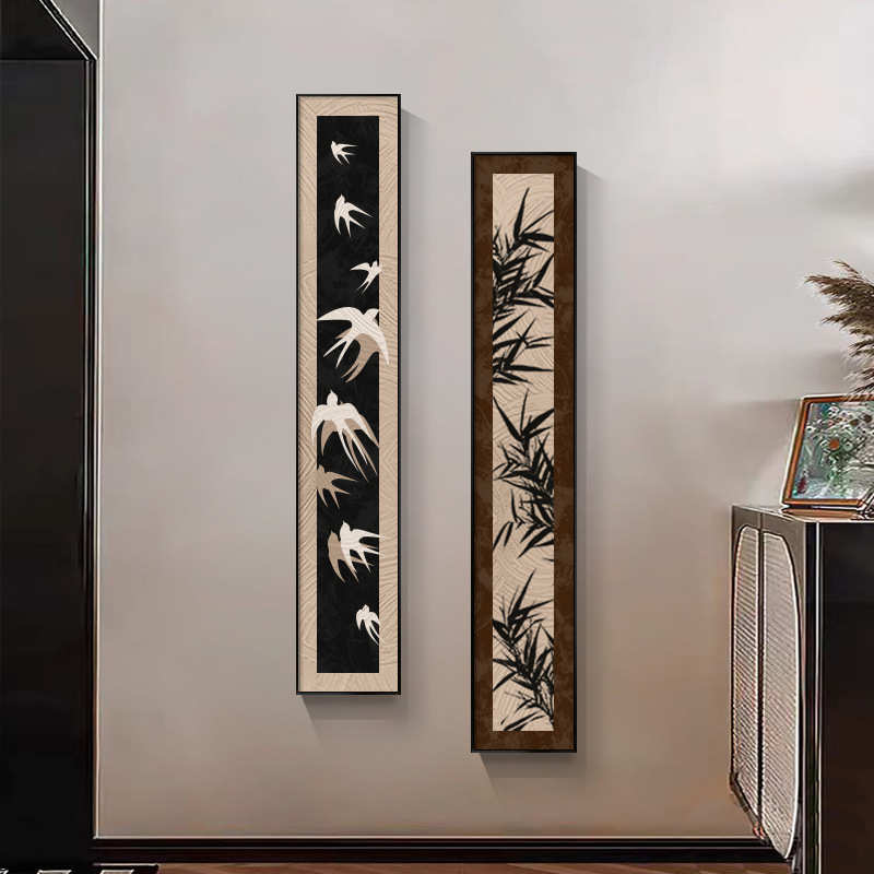 艺术入户版挂画中花鸟新款装饰画复古古风玄关过道走廊长条壁画