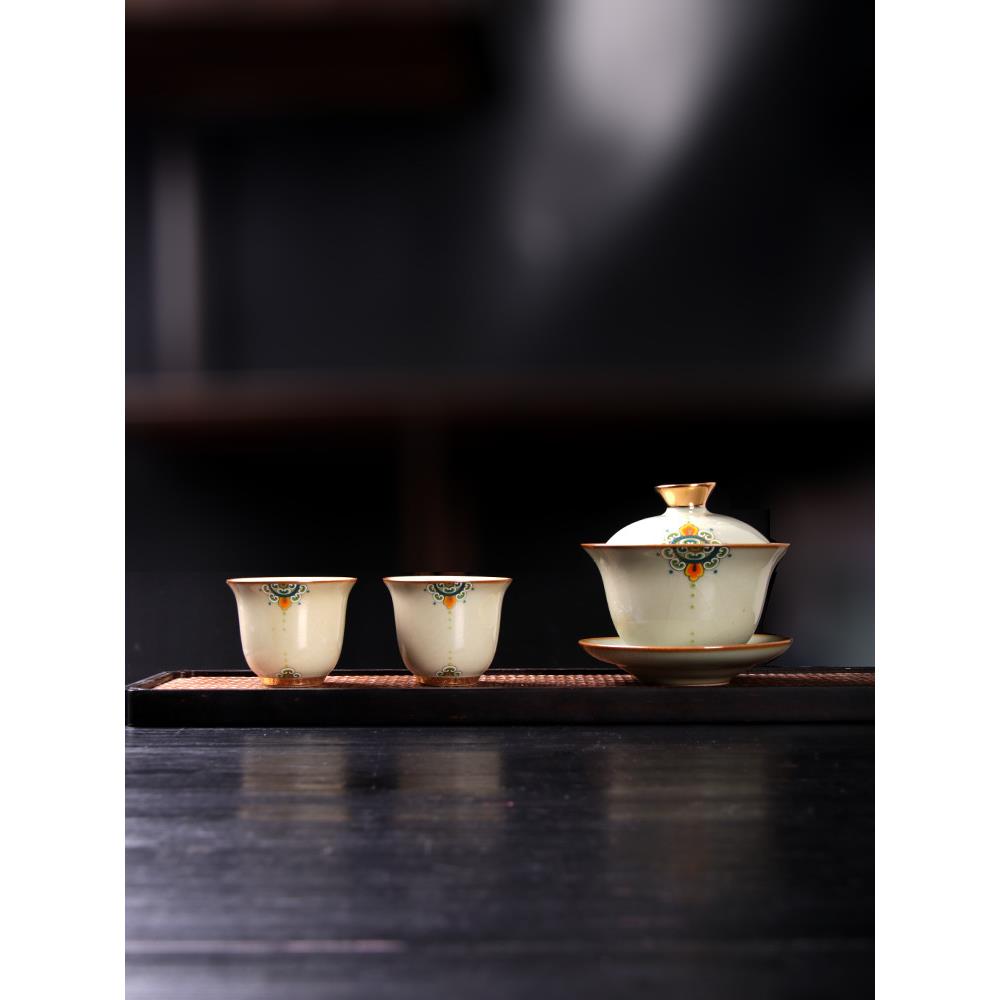 青玉汝窑喜从天降壶承盖碗茶杯一人中国风三件套敬茶杯陶瓷泡茶碗