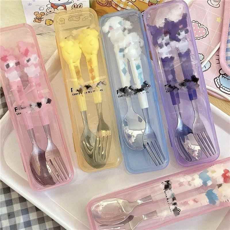 不锈钢便携餐具套装可爱卡通儿童餐具学生户外旅行勺子叉子两件套