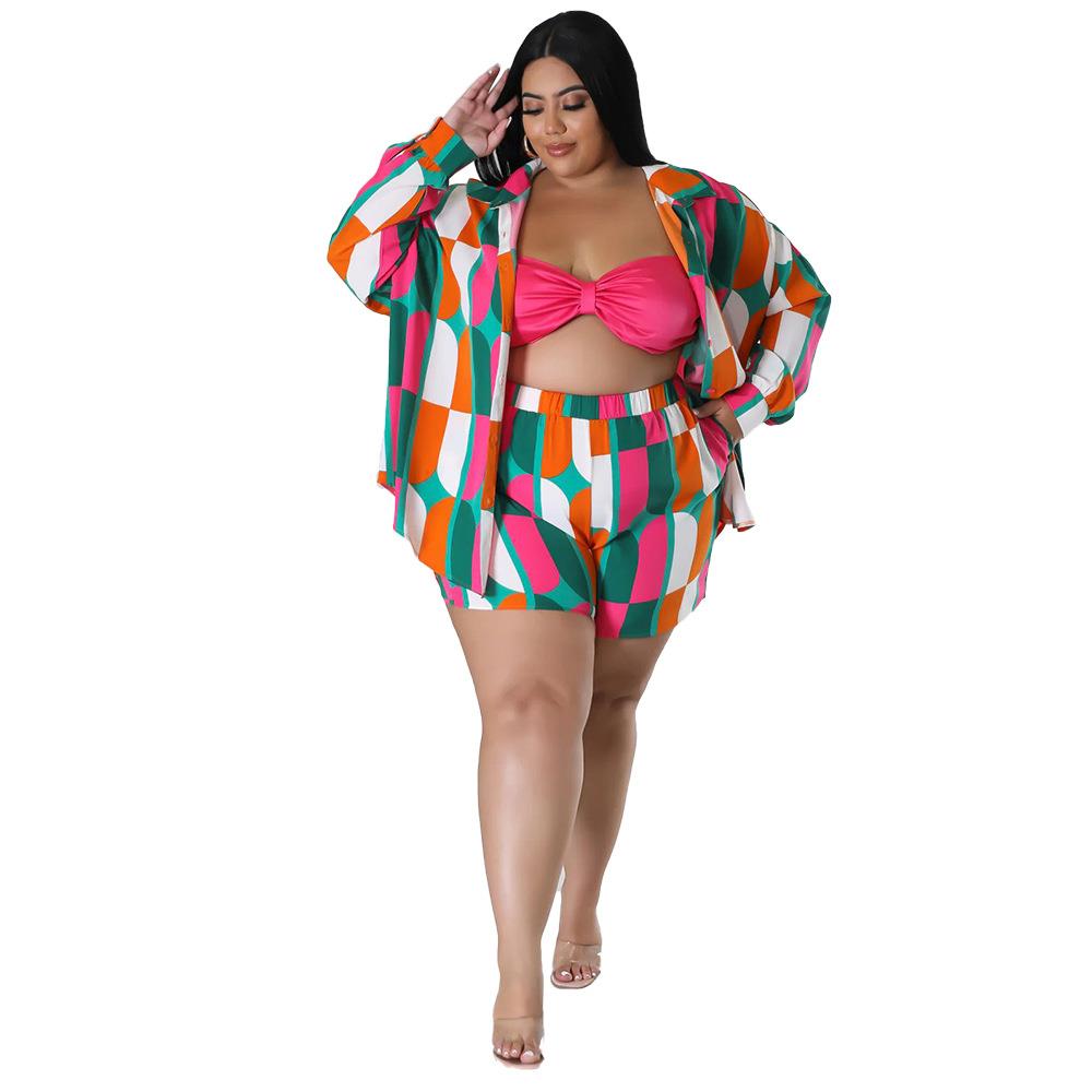 Lapel Tropical Style Large Size Shirt Shorts Casual Women