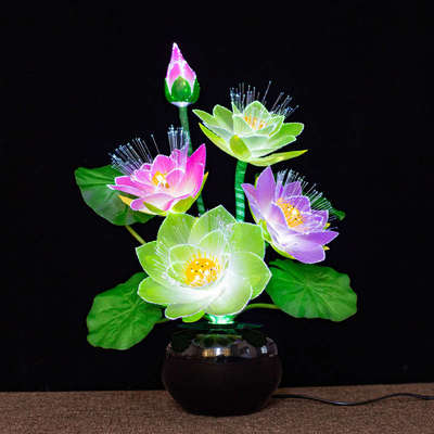 感应灯盆景花仿真光纤莲花灯荷花灯电佛前供花家居装饰客厅夜光灯