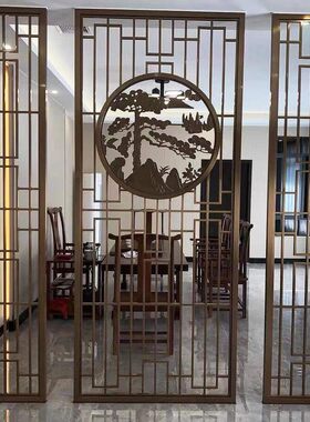 客厅入户金属镂空花格双面浮雕玄关隔断不锈钢中式迎客松屏风隔断