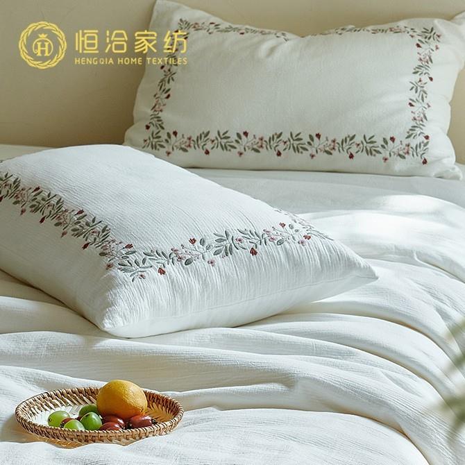 新款超柔全棉四件套小清新花卉刺绣提花纯棉被套床单床上用品白色