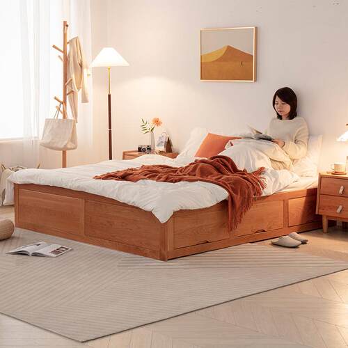 实木气压高箱储物床榻榻米樱桃木无床头靠背床架落地台矮床箱体床