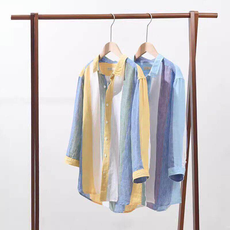 男士薄款撞色亚麻衬衫条纹男七分袖夏季日系中袖宽松长袖上衣男装