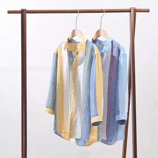 男士薄款撞色亚麻衬衫极麻清新色织条纹休闲长袖男士个性撞色宽松