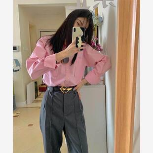 韩国NextMary甜美粉色衬衫女防晒衣春夏宽松慵懒风休闲衬衣打底