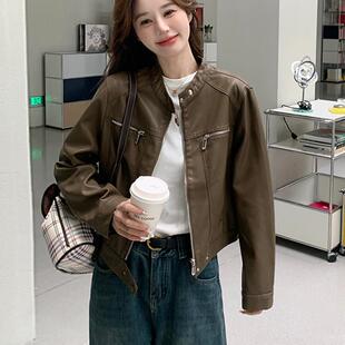 香港春秋新款韩系美拉德短款皮衣外套女小个子酷飒风立领正肩夹克