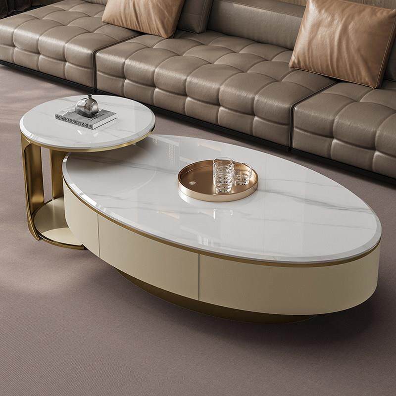新款天然大理石茶几实木意式极简椭圆形大小组合高级茶几客厅家用