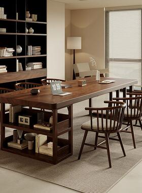 南美胡桃木客厅实大板桌柜一体家学习木长桌书房办书公桌工FYM作