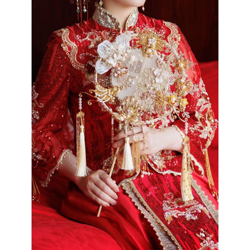 EQ4F结婚团扇diy材料包新娘中式婚礼重工喜扇出嫁古风成品秀禾扇