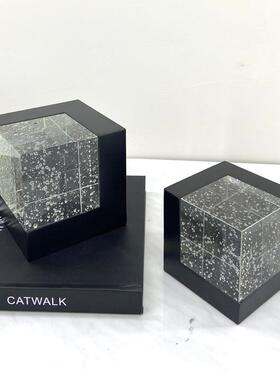 简约现代透明汽泡水晶金属立方体摆件 样板书房桌面纸镇装饰