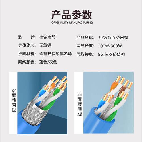 超五类双屏蔽抗干扰纯铜网线家用高速CAT5e双绞网线整箱100/300米