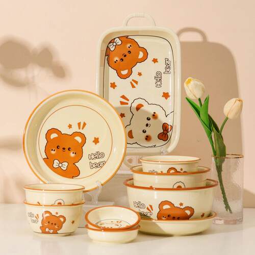 Cartoon Cute Bear Design Cream-Colored Ceramic Bowl and Plat