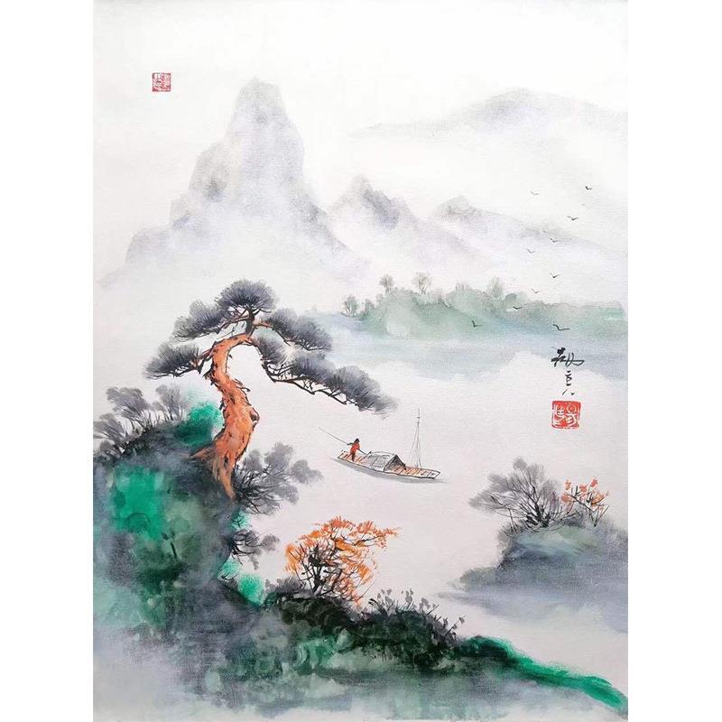 风代景油画壁客厅装饰画现简新UVP中式山水挂画春江约泛舟图