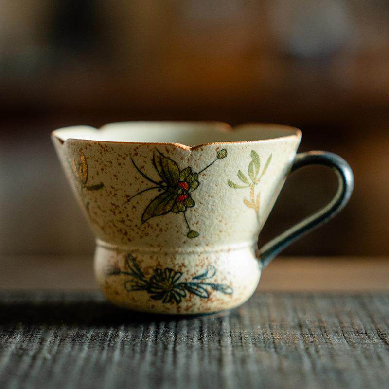 青花火石红陶瓷把杯描金纯手绘蝴蝶兰花复古风茶杯主人杯中式