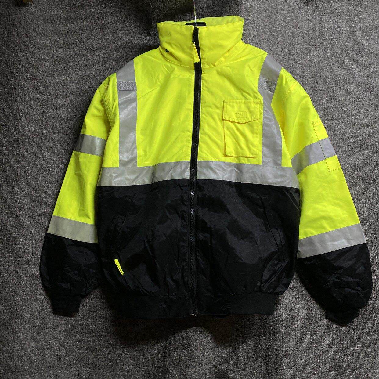 外贸荧光色反光条拼色夹克雨衣冬季棉服夜间骑行棉衣交通道路高速