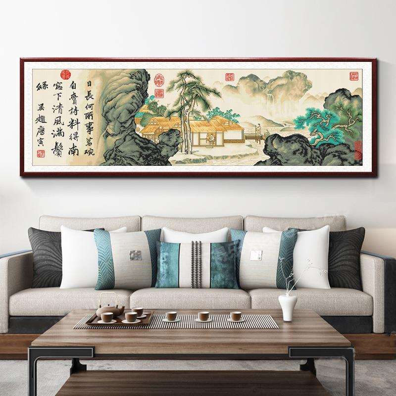 手工刺绣 新款客厅挂画唐寅事茗图 新中式山水挂画纯手工十字锈