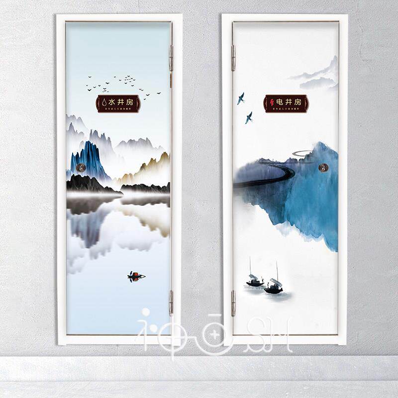 现代水墨山水电井门贴纸自粘旧电井门翻新贴113走廊装饰画 画新中