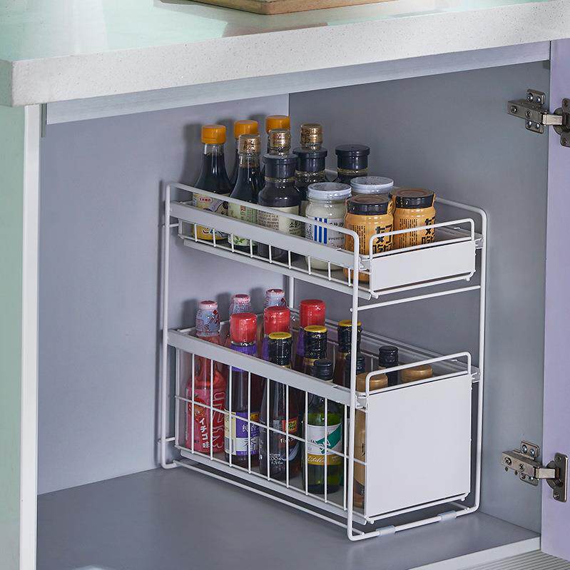 厨房橱柜置物架下水槽收纳架内多层可推拉伸缩收纳储物架省空间
