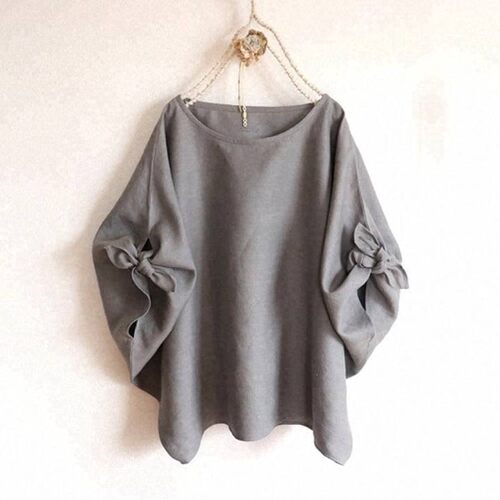 Round neck two sleeved tied women's top, gray one size