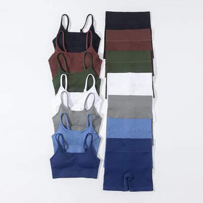 INS欧美运动潮流无缝针织瑜伽服女吊带内衣文胸短裤健身服套装