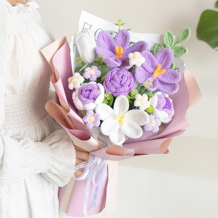 手工毛线针织郁金香玫瑰成品手捧花束送闺蜜女老师朋友生日礼物