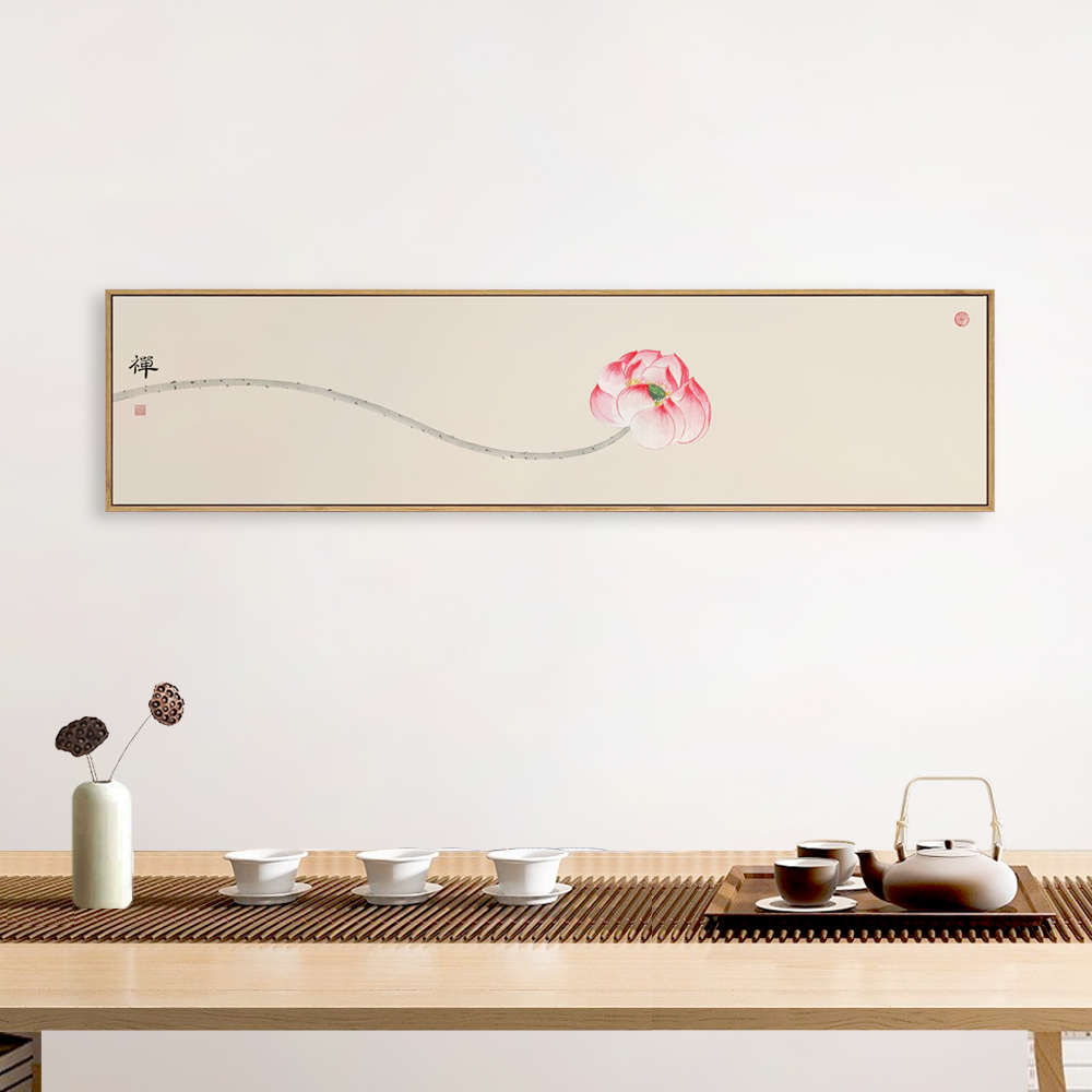 新中式禅意荷花装饰画客厅背景横幅挂画茶室静心书画卧室床头壁画图片