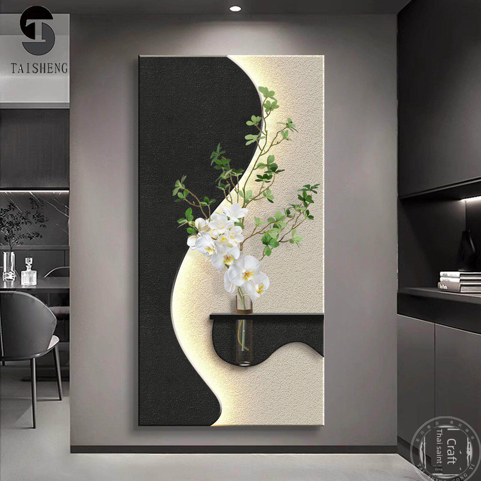 黑白简单水培绿色植物入口门入口装饰画砂岩双层光发光走廊过道挂