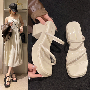 透明拖鞋女夏外穿高级感2025新款凉拖鞋子女士粗跟厚底增高跟凉鞋