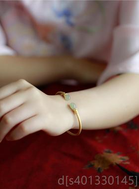 高档小银s9国25匠纯手银手镯女和田碧玉古法金兰花开口复古中风镯