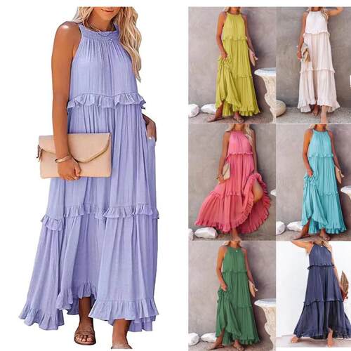 Women's Summer Maxi Dress – Loose Halter Neck, Ruffle Hem,