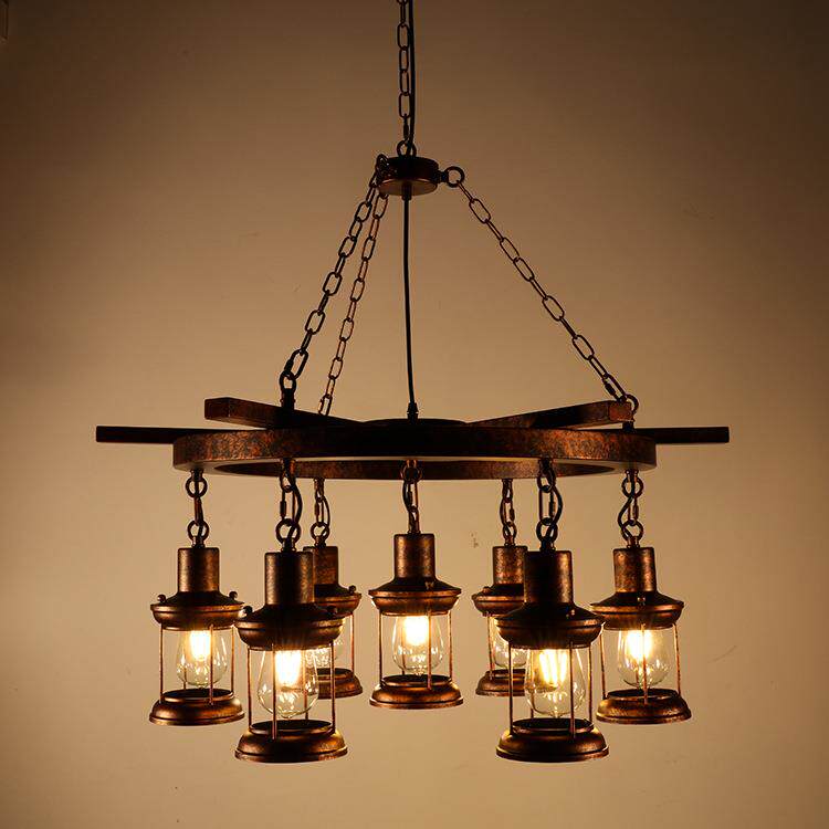 美式乡村复古铁艺吊灯 工业风创意怀旧酒吧咖啡厅餐厅木艺led吊灯
