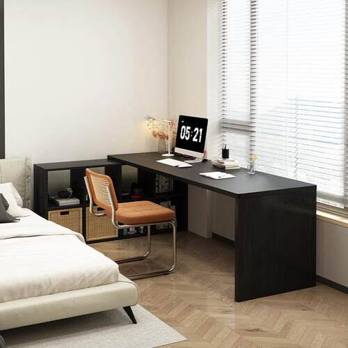 3697黑色实木型L角桌书柜一体电脑桌卧室家用电转桌子学竞生窗边