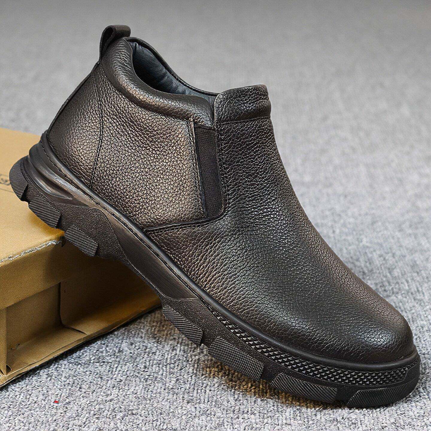 香港真皮男皮鞋真皮冬季加绒保暖高帮棉鞋软皮鞋肥宽脚中帮男鞋