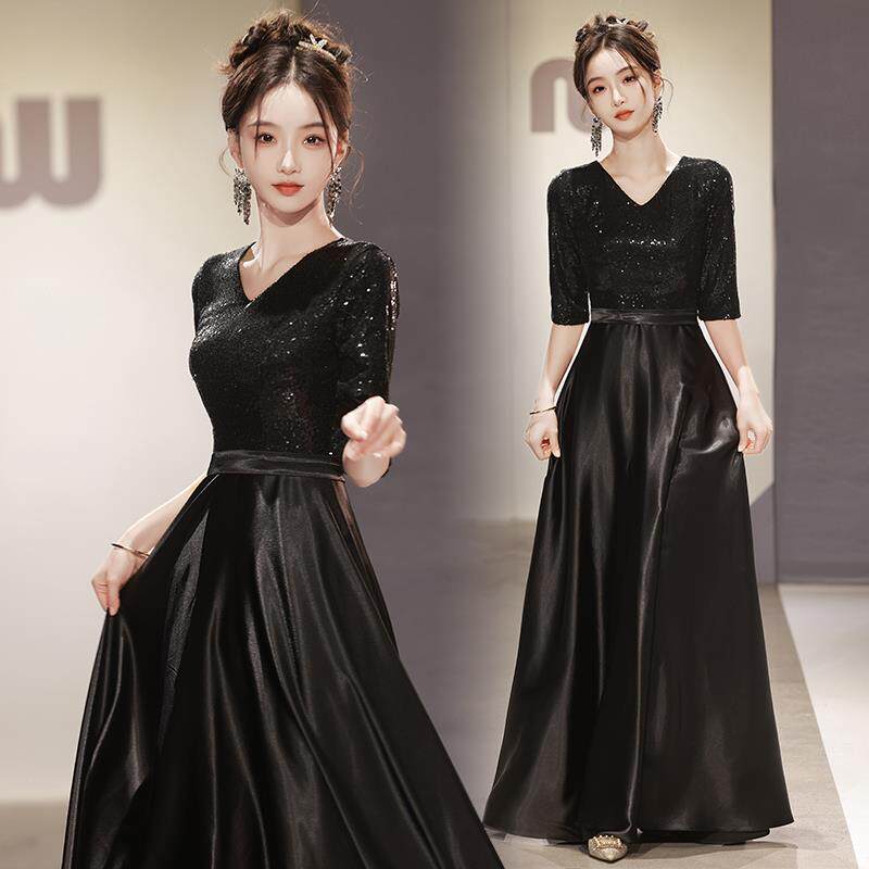 正品黑色持晚礼服装大合唱裙团演出女长表主演成人指挥服舞台比赛图片