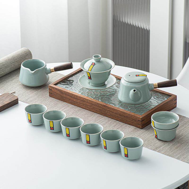 高档手作汝窑茶具套装礼品金丝开片侧把茶壶盖碗茶杯精品礼盒