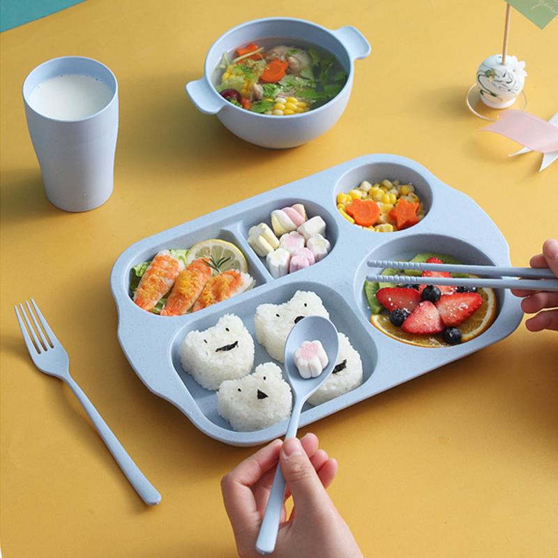 小麦秸秆儿童餐盘家用男女孩宝宝分格盘塑料学生吃饭盘碗餐具套装