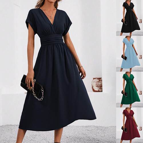 Wine Color V Neck Waist Cinching Flowy Womenswear Dress