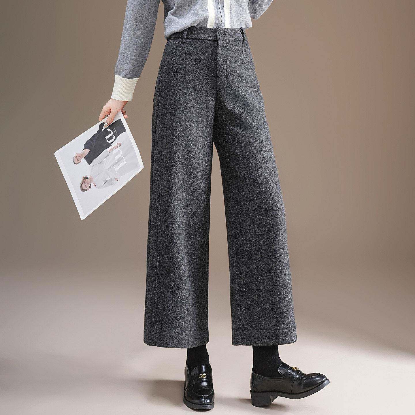 高档轻奢灰色高级感绵羊毛呢阔腿裤女新款垂感高腰通勤九分西装裤