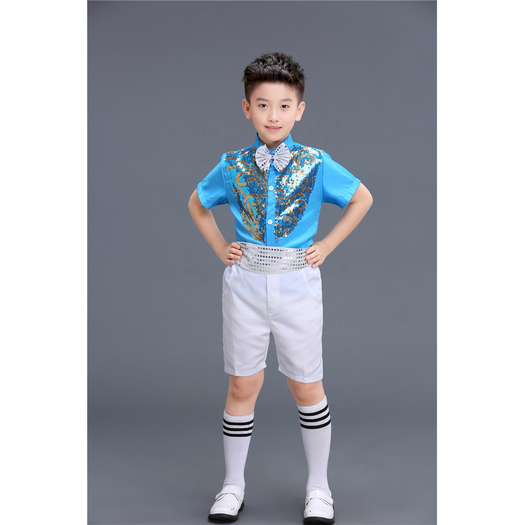 高档童表演服装男出童裤背带演服男孩亮片舞蹈小学生六一大合唱套