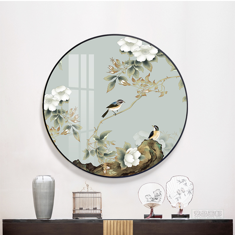 2022新中式圆形金属玄关装饰画客厅挂画卧室床头壁画素雅花鸟画图片